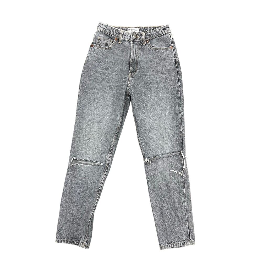 Zara High Rise Raw Waistband Straight Ripped Jeans Washed Gray US 4